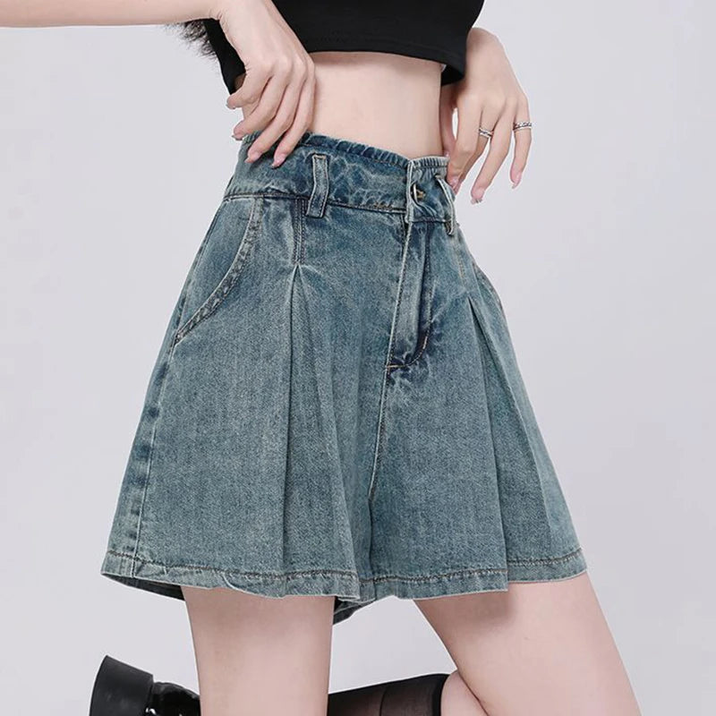 Korean Casual High Waisted Pleated Denim Shorts For Women Spring Summer Baggy Jeans Shorts Y2k  A-Line Wide Leg Jeans
