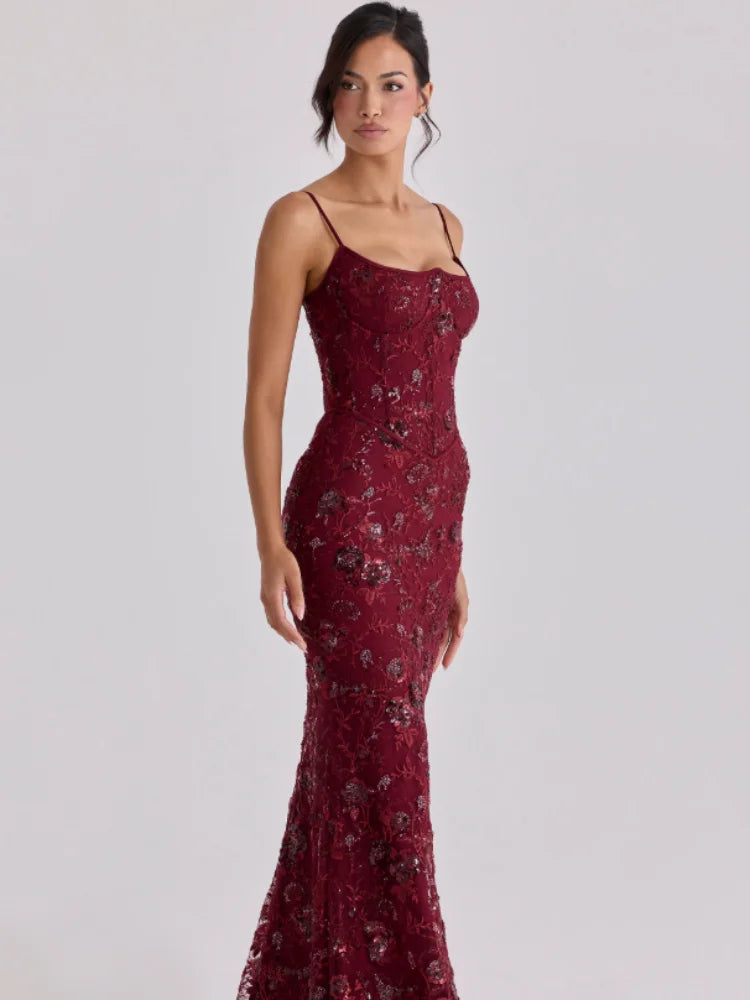 Retro Flora Sequin Maxi Sling Dress Women Sexy Sleeveless Lace Up Square Neck Bodycon Fishtail Dresses 2026 Lady Party Vestidos