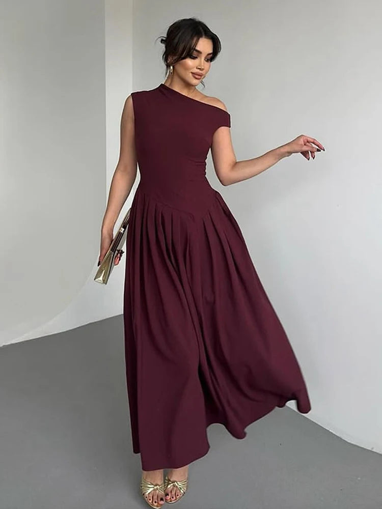 Elegant Long Dress Women Loose Skew Collar Sleeveless A Line Robe Female 2025 Spring Summer Solid Fashion High Waist Dress Lady