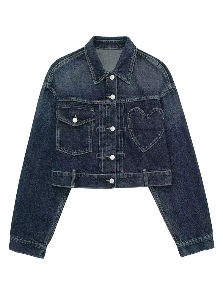 HH Women Dark Blue Denim Coat Heart Pattern Outerwear Long Sleeve Single Breasted Jacket Spring Female Chic Top Coats
